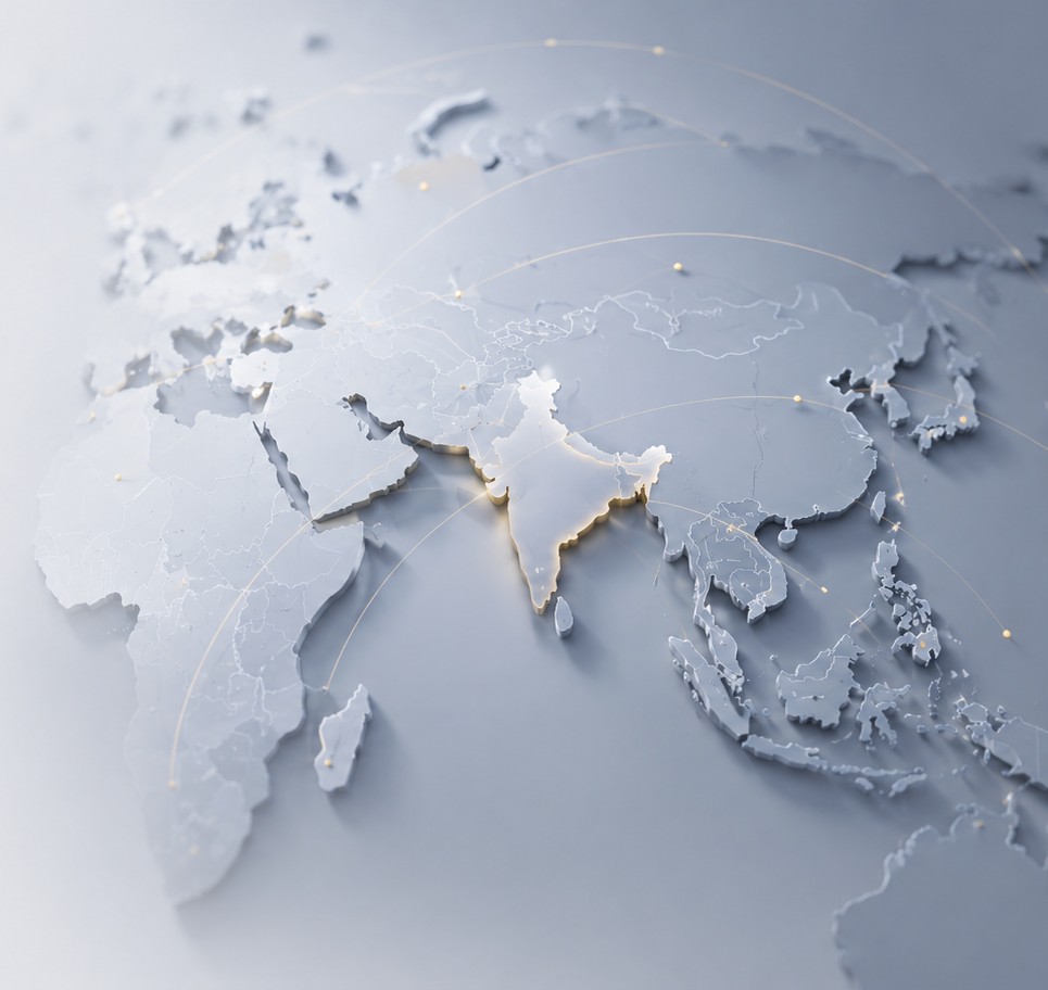 Global network map centered on India, representing AKA's reach across Asia, Europe, the Gulf and the United States